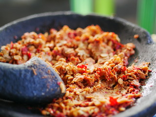 Making sambel tempeh. The tempeh chili flavor is very tasty and fragrant soybean. Delicious to eat with side dishes and warm rice.