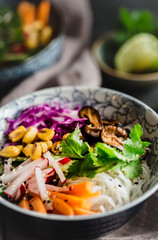 Homemade rice noodles salad with radish, carrot, red cabbage cilantro