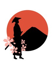 侍と富士山と桜のシルエット