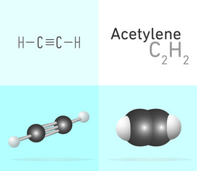 Acetylene (C2H2) gas molecule. Two 
different molecule model and chemical formula. Ball, stick and Space filling model. Structural Chemical Formula and Molecule Model. Chemistry Education