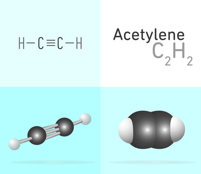 Acetylene (C2H2) gas molecule. Two 
different molecule model and chemical formula. Ball, stick and Space filling model. Structural Chemical Formula and Molecule Model. Chemistry Education