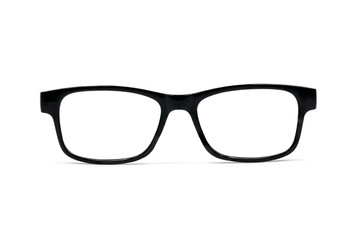 Fototapeta premium Front view of Men's eyeglasses. Black shine of frame plastic with lens clear isolated on white background with clipping path. Fashion classic stlye glasses.
