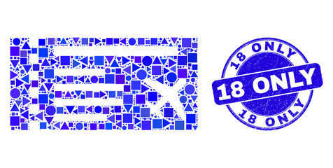 Geometric airticket mosaic pictogram and 18 Only seal stamp. Blue vector round textured seal stamp with 18 Only phrase. Abstract composition of airticket made of circle, tringle,