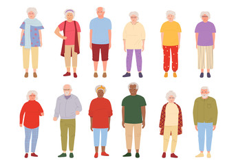 Old people cartoon set. Group grandparent. Different nations representatives elderly people in casual clothes. Smiling older men and women retirement age. Isolated on white vector illustration