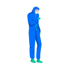 Male character wearing full protective suit, isolated on white background. Medical staff in mask and glasses. Virus attention and disinfection concept. Healthcare, work safety.Flat vector illustration