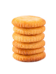 Stack round cracker isolated on white background. Dry cracker cookies isolated. Salty snacks isolated.