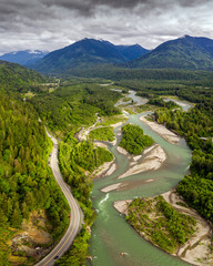 Fototapeta na wymiar Aerial view of the Vedder Crossing in Chilliwack city, where the Vedder River changes its name to Chilliwack River, British Columbia, Canada