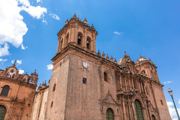 Fototapeta premium Cuzco in Peru, panoramic view of the Main square an the cathedral church.