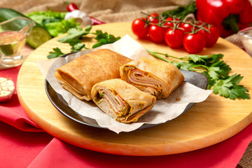 Close-up delicious pancakes, homemade pancakes,  on a rusty background. With copy space