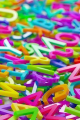 Fototapeta premium Heap of colorful rainbow alphabetic plastic character letters background, literature, education, know-how or writing concept