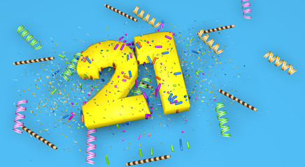 Number 21 for birthday, anniversary or promotion, in thick yellow letters on a blue background decorated with candies, streamers, chocolate straws and confetti. 3D Illustration