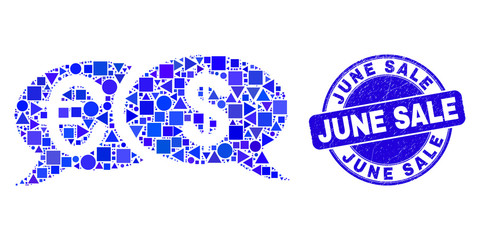 Geometric financial chat messages mosaic icon and June Sale stamp. Blue vector round distress stamp with June Sale title. Abstract concept of financial chat messages constructed of round, tringle,