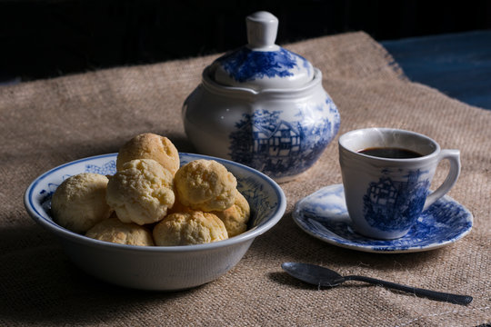 a cup of coffee with chip&aacute;, traditional paraguayan snack.
