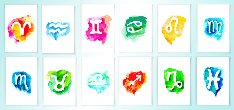 Set of signs of Zodiac icons. Watercolor style icons on white background. Symbols of zodiac horoscope. Vector illustration.