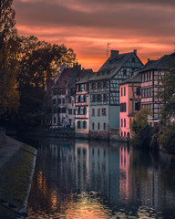 Strasbourg colorful cityscape of historic Petite France disctrict, Strasbourg at sunset