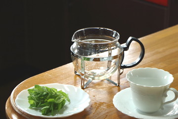 取り立てのミントでお茶を飲む