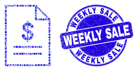 Geometric price list page mosaic pictogram and Weekly Sale seal stamp. Blue vector round textured seal stamp with Weekly Sale message. Abstract mosaic of price list page made of circle, tringle,