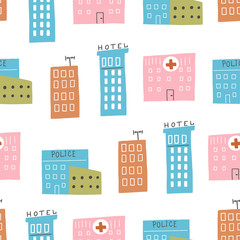 Seamless pattern of childish cartoon town, city with tree and building for fabric, wallpaper, background design. Cute baby, child vector illustration.