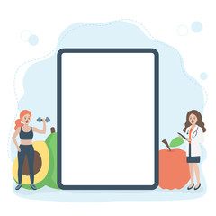 Blank screen tablet, nutritionist doctor with clipboard, people exercise with dumbbell. Fruit & vegetable in background. Healthcare, weight loss and nutrition concept. Vector illustration. Copy space.