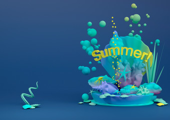 Beautiful colorful cartoon composition of marine life: starfish, corals, shells, seaweed, crabs. Marine decor. Text Summer. 3D illustration
