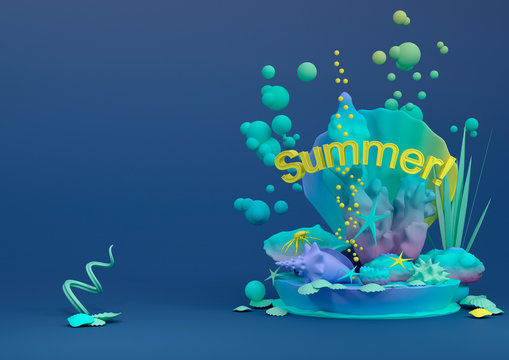 Beautiful colorful cartoon composition of marine life: starfish, corals, shells, seaweed, crabs. Marine decor. Text Summer. 3D illustration © Татьяна Леднева