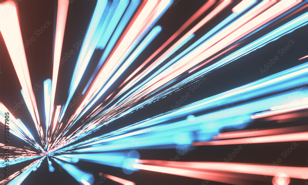 Poster 3d rendering of abstract fast moving stripe lines with glowing light flare. high speed motion blur. 