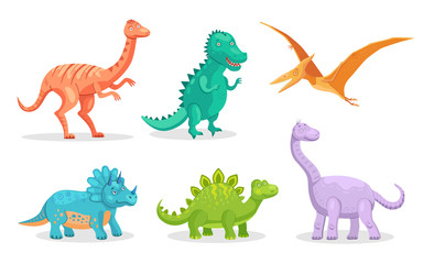 Leuke dino platte pictogramserie. Cartoon oude pterodactylus, brontosaurus en triceratops geïsoleerde vector illustratie collectie. Monsters en prehistorische reptielen concept