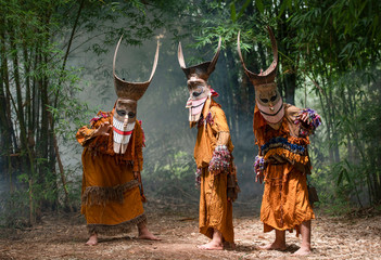 Phi ta khon festival ghost mask and colorful costume fun traditional thailand mask the show art and...