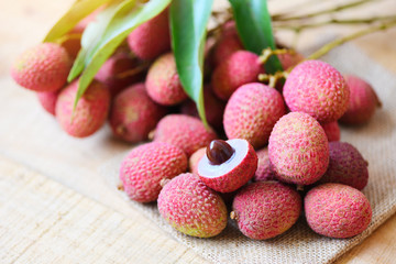 Fresh lychee wooden table from tree tropical fruit summer in Thailand /