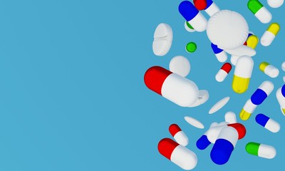 3d-image of falling colourful pills on a blue background with a copy space/ 3d render