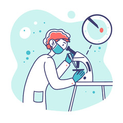 Lab worker doing research. Scientist using microscope, studying microbe or virus flat illustration. Laboratory, chemistry, medical test concept for banner, website design or landing web page