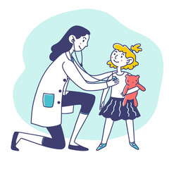 Child with toy visiting doctor. Pediatrician with stethoscope examining girl flat illustration. Medicine, examination, healthcare concept for banner, website design or landing web page