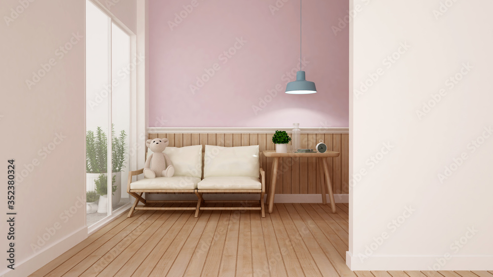 Canvas Prints Kid room or living room on white pink wall and wood walll decorate in nursery or apartment  - Room simple design artwork of kid room or home - 3D Rendering