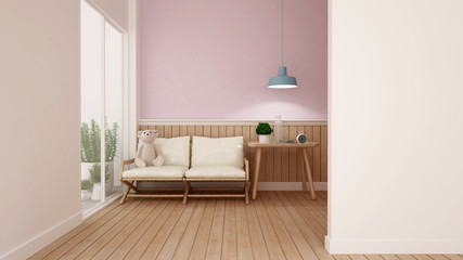 Kid room or living room on white pink wall and wood walll decorate in nursery or apartment  - Room simple design artwork of kid room or home - 3D Rendering