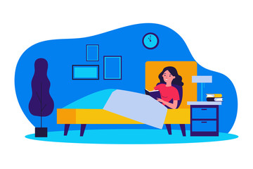 Happy woman reading book in bed. Female student studying library textbook before going to sleep. Vector illustration for healthy habit, leisure, literature concept
