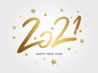 Happy New Year 2021. Vector holiday illustration with 2021 logo text design, sparkling confetti and shining golden stars on white background.