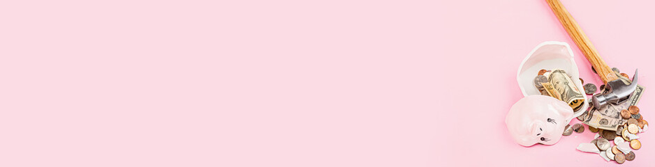 Broken Piggy bank on pink background. mockup, template. Web banner with copy space. Concept of...
