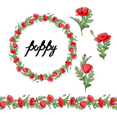 Detailed contour wreath and seamless pattern brush with poppy isolated on white. Endless horizontal texture for your design. Horizontal flover border pattern brush and wreath.