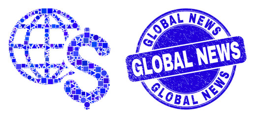 Obraz premium Geometric global business mosaic icon and Global News stamp. Blue vector rounded textured seal stamp with Global News caption. Abstract mosaic of global business organized of sphere, triangles,