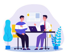 Young man suffering with heart disease. Cardiologist consulting patient in pain flat vector illustration. Healthcare and medicine concept for banner, website design or landing web page