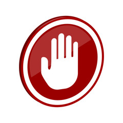Red stop sign in the form of a hand. Vector signal forbidden. Symbol of caution and attention. Stock template.
