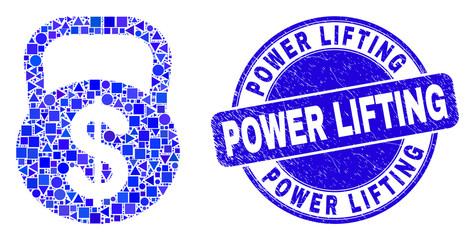 Obraz premium Geometric dollar weight mosaic icon and Power Lifting stamp. Blue vector round distress seal stamp with Power Lifting message. Abstract mosaic of dollar weight composed of round, tringle,