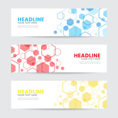 Abstract Transparent Hexagonal Element Banner Template. Spread and Random Layout. Blue, red, and yellow. Vector Illustration. Invitation, greeting, promotional design for banner, cover, web, or poster