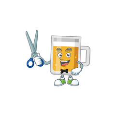 A picture of glass of beer Barber cartoon character working with scissor