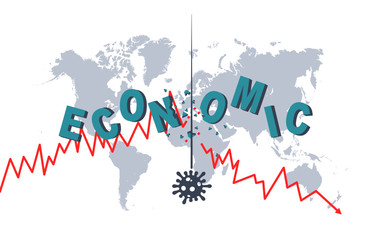 Financial Crisis Economic downturns after coronavirus or covid-19 pandemic.  The Virus destroys red arrow pointing and  Economic words  vector Illustration.
