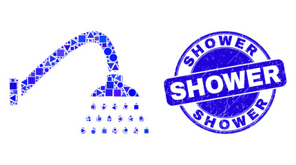 Geometric shower mosaic pictogram and Shower seal stamp. Blue vector rounded scratched seal stamp with Shower caption. Abstract collage of shower made of circle, triangles, square geometric items.