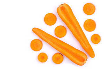 Fresh organic slice of orange carrot isolated on white background. Top view. Flat lay. Copyspace for text.