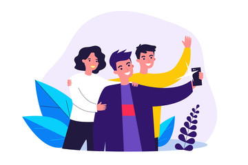 Selfie with friends flat vector illustration. Cartoon happy people smiling and taking group portrait photo. Friendship and technology concept