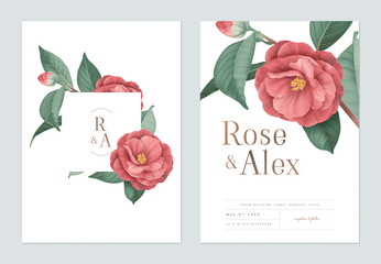 Floral wedding invitation card template design, red Semi-double Camellia flowers with leaves on white - obrazy, fototapety, plakaty