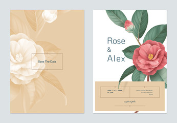 Floral wedding invitation card template design, red Semi-double Camellia flowers with leaves on brown and white - obrazy, fototapety, plakaty